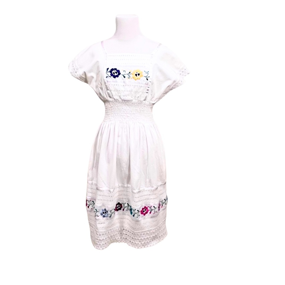 Vintage VTG White Cotton Peasant Floral Embroidered Smocked Lace Midi Dress XS